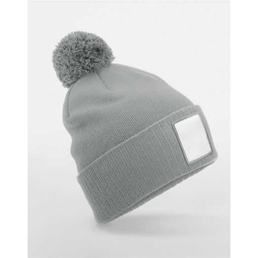 Beechfield Appliqué Patch Pom Beanie Ash/White