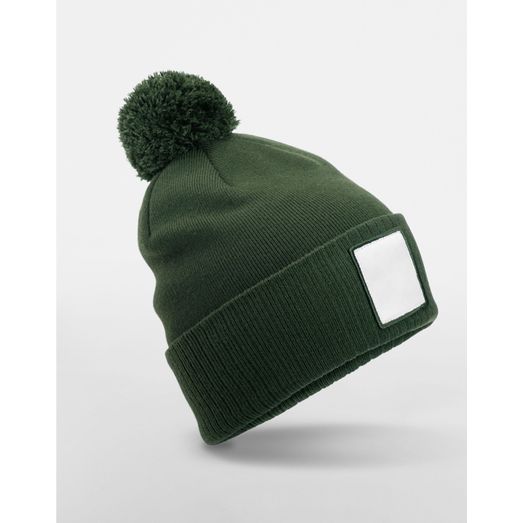Beechfield Appliqué Patch Pom Beanie Olive Green/White
