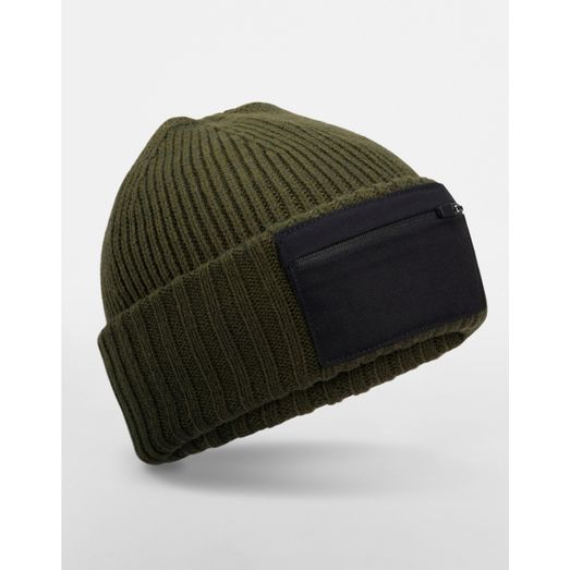 Beechfield Zip Patch Beanie Military Green/ Black