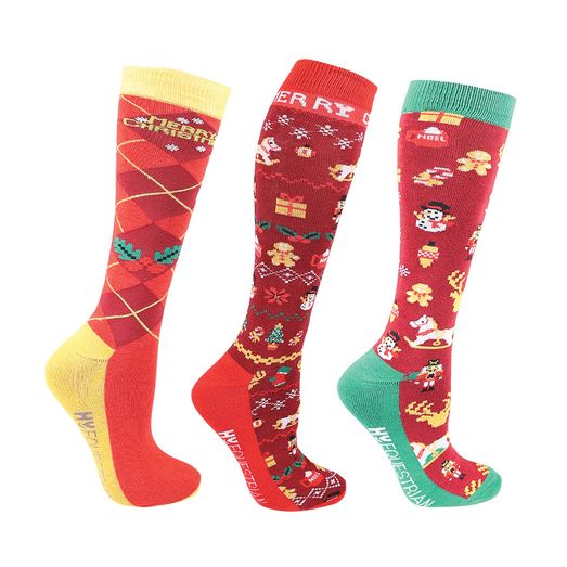 Hy Equestrian Christmas Cross Stitch Socks (Pack of 3) - Red/Green/Gold