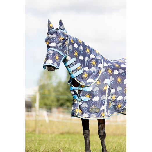 Hy Equestrian Come Rain or Shine Fly Mask with Ears and Detachable Nose - Navy/Blue/Yellow