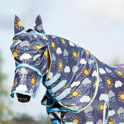 Hy Equestrian Come Rain or Shine Fly Mask with Ears and Detachable Nose - Navy/Blue/Yellow