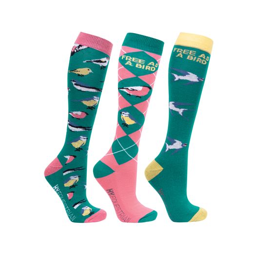 Hy Equestrian Free As A Bird Socks (Pack of 3) - Fern/Pink