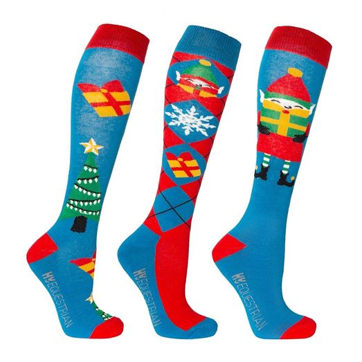 Hy Equestrian Jolly Elves Socks (Pack of 3) - Winter Blue/Festive Red