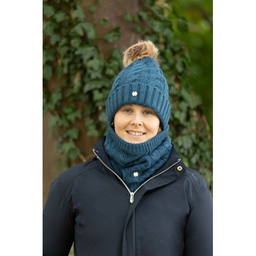 Hy Equestrian Melrose Cable Knit Bobble Hat - Petrol Blue