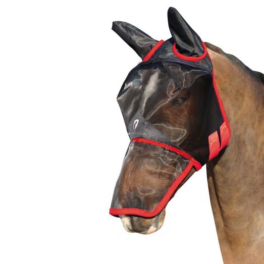 Hy Equestrian Mesh Full Mask with Ears and Nose - Black/Red
