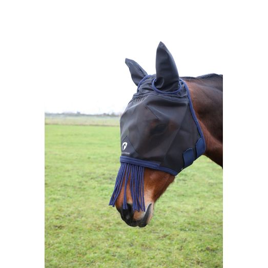 Hy Equestrian Mesh Half Mask with Ears and Fringe - Black/Navy