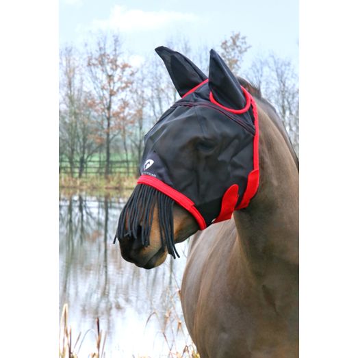 Hy Equestrian Mesh Half Mask with Ears and Fringe - Black/Red