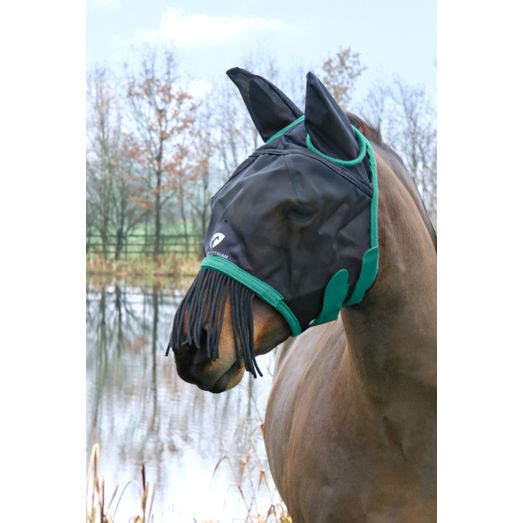 Hy Equestrian Mesh Half Mask with Ears and Fringe - Black/Teal