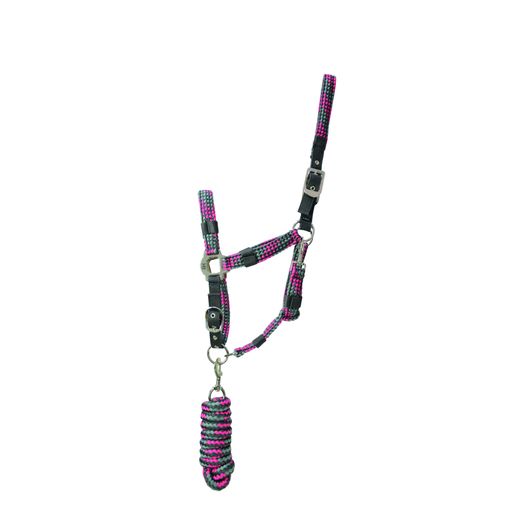 Hy Equestrian Multicolour Adjustable Head Collar with Rope - Dark Grey/Grey/Pink