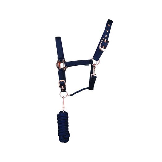 Hy Equestrian Rose Gold Head Collar &amp; Lead Rope - Navy/Rose Gold