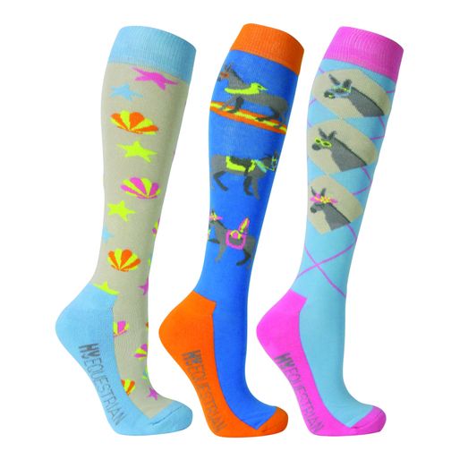 Hy Equestrian Seaside Donkey Socks (Pack of 3) - Sea Blue/Sunset Orange