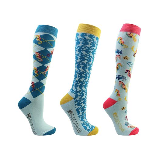 Hy Equestrian Shanti Seahorse Socks (Pack of 3) - Light Blue/Blue