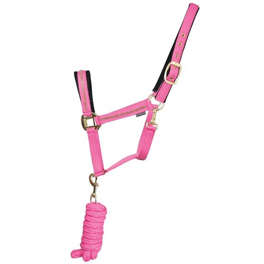 Hy Equestrian Sparkling Head Collar &amp; Lead Rope Set - Pink/Gold