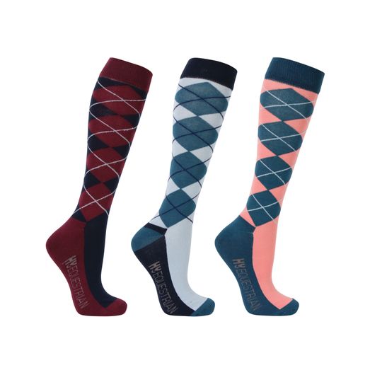 Hy Equestrian Synergy Argyle Socks (Pack of 3) - Grey/Navy/Aegean Blue/Blush/Fig
