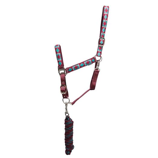 Hy Equestrian Woven Polo Head Collar and Lead Rope - Aqua/Fig
