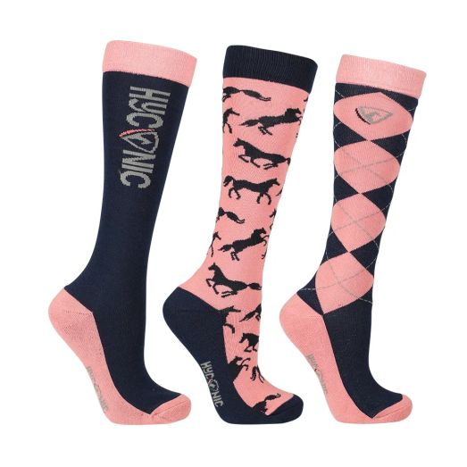 HyCONIC Children's Pattern Socks by Hy Equestrian (Pack of 3) - Navy/Rose