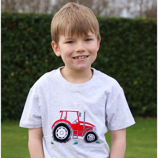 British Country Collection Big Red Tractor Childrens T-Shirt - Ash Grey
