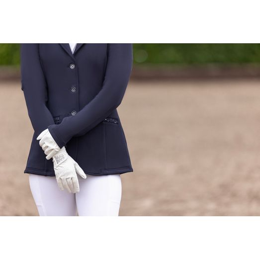Hy Equestrian Shimmer Riding Gloves White With Navy/Rose Gold Diamantes