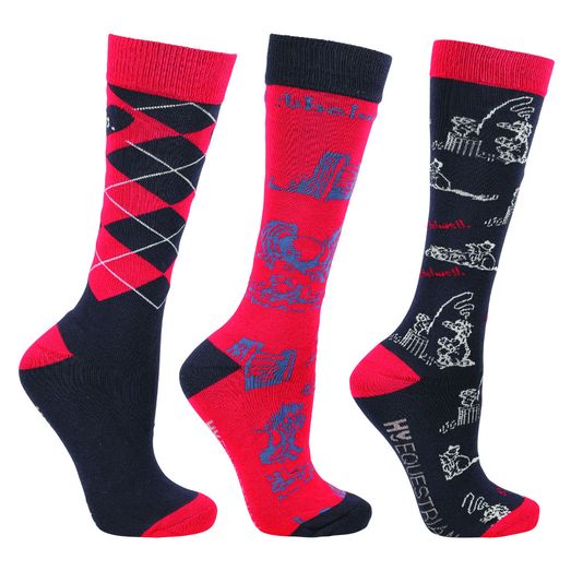 Hy Equestrian Thelwell Collection Practice Makes Perfect Socks (Pack of 3) - Red/Navy