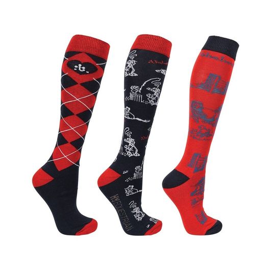 Hy Equestrian Thelwell Collection Practice Makes Perfect Socks (Pack of 3) - Red/Navy