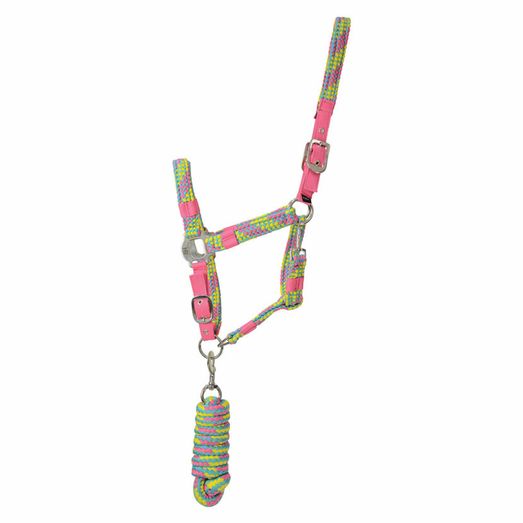 Hy Equestrian Multicolour Adjustable Head Collar with Rope - Grey/Pink/Mint