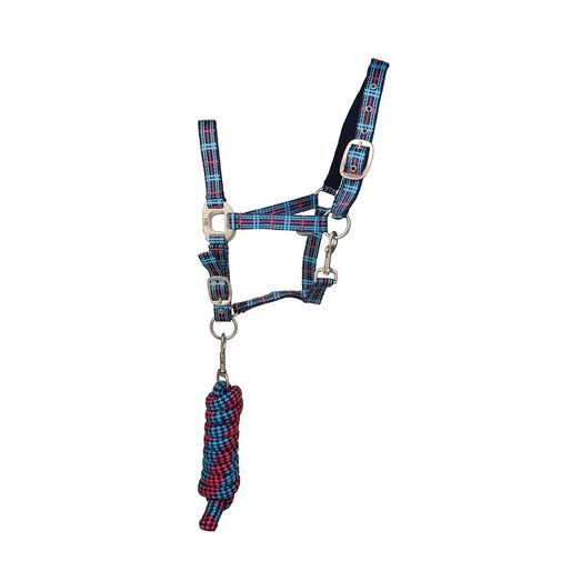 Hy Equestrian Tartan Head Collar with Lead Rope - Pink/Navy/Kingfisher Blue