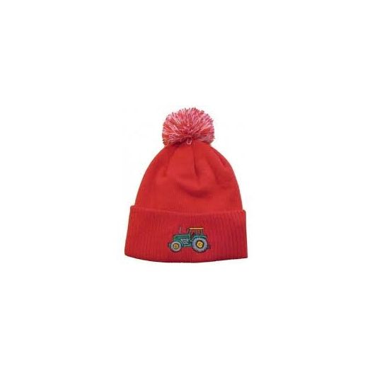 British Country Collection Green Tractor Pom Pom Beanie Hat - Red