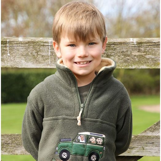 British Country Collection Offroader &amp; Dogs Childrens Fleece Jacket - Olive/Cream Trim
