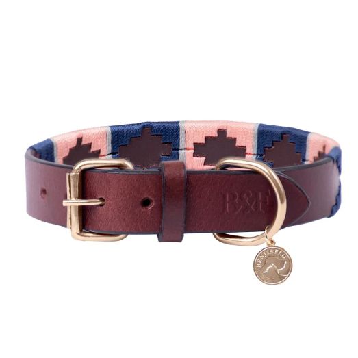 Benji &amp; Flo Sublime Polo Leather Dog Collar Pink/Navy/Green