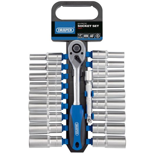 Draper 16377 1/2" Sq. Dr. Combined MM/AF Deep Socket and Ratchet Set (20 Piece)