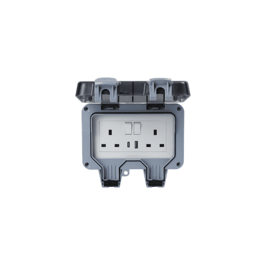 Securlec Double Outdoor Weatherproof 2 Gang Switched Socket With USB-A &amp; USB-C