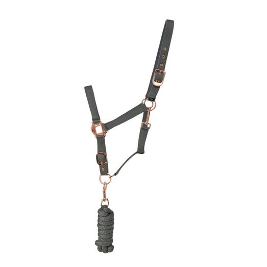 Hy Equestrian Rose Gold Headcollar &amp; Lead Rope Gry/Rose Gold Grey/Rose Gold
