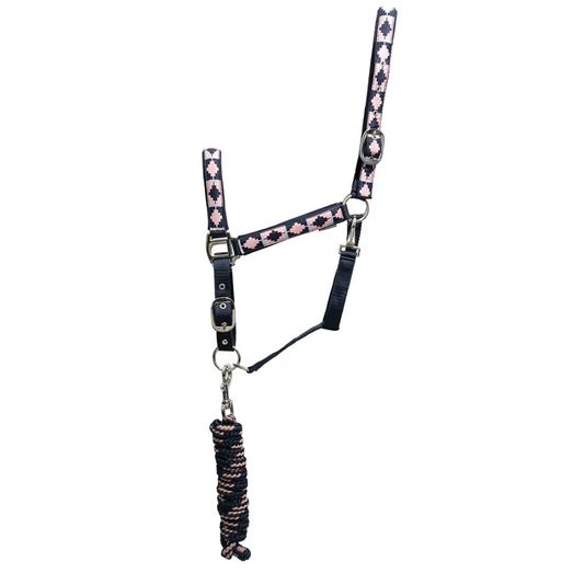 Hy Equestrian Woven Polo Headcollar &amp; Lead Rope Navy/Rose