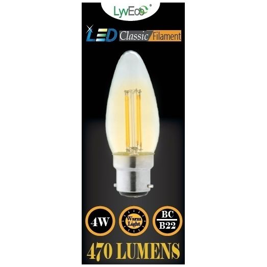 Lyveco 4604 BC Clear LED 4 Filament 470 Lumens Candle 2700K 4 Watt
