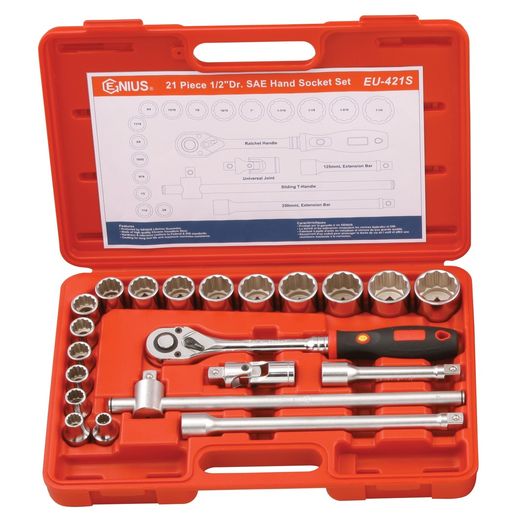 Genius Tools EU-421S 21 Piece 1/2"Dr. Imperial (SAE) Drive Hand Socket Set